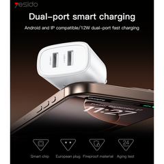 YC72 12W 2*USB-A Dual-port Fast Charging Small And Portable Safety Protection EU Plug Travel Charger