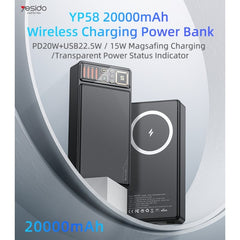 YP58 20000mAh 15W Magnetic Wireless Fast Charging Transparent Power Status Indicator Power Bank