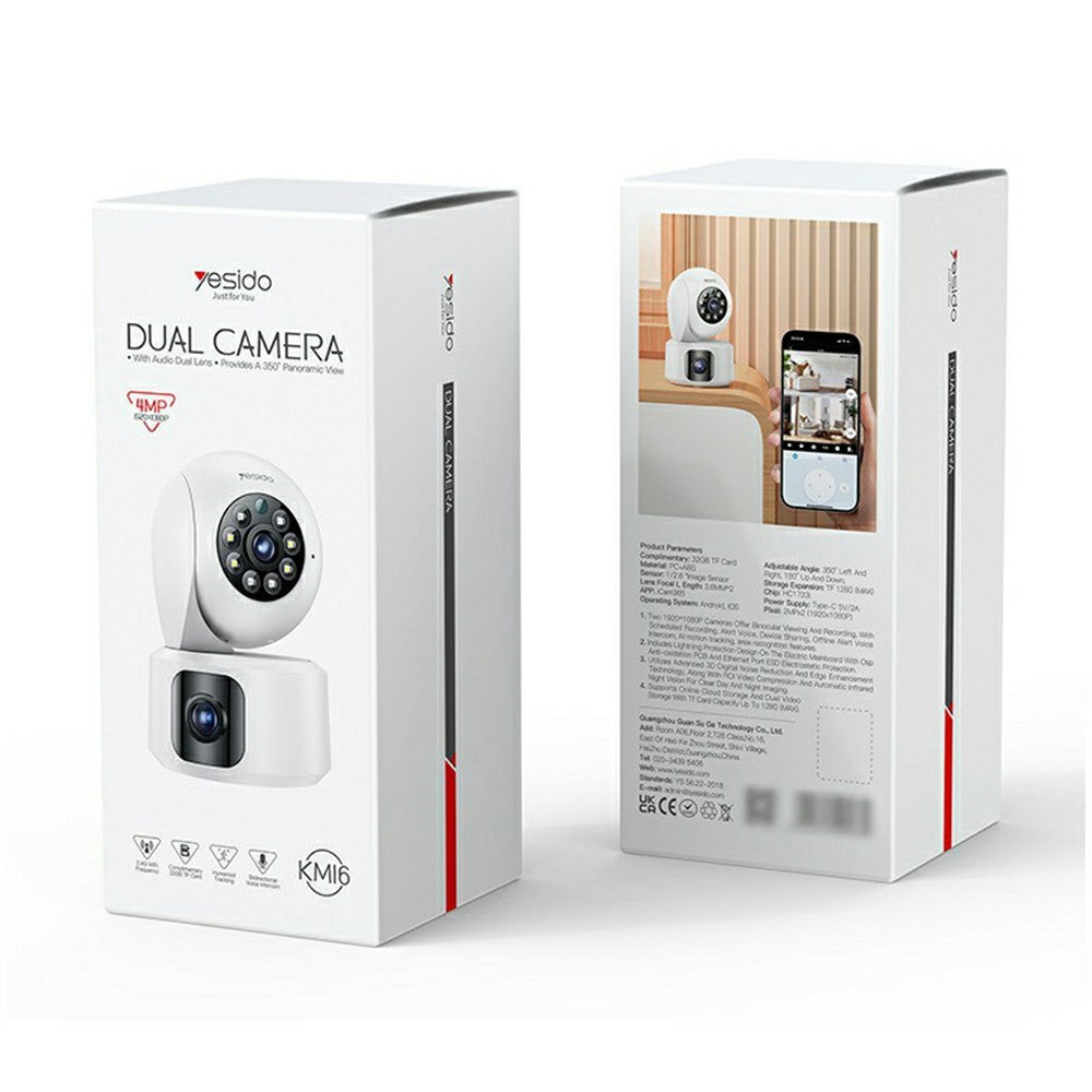 YESIDO KM16 Indoor Dual Lens Camera Wireless Security Cam WiFi Surveillance System with Night Vision / Two-Way Audio / Motion Detection - White