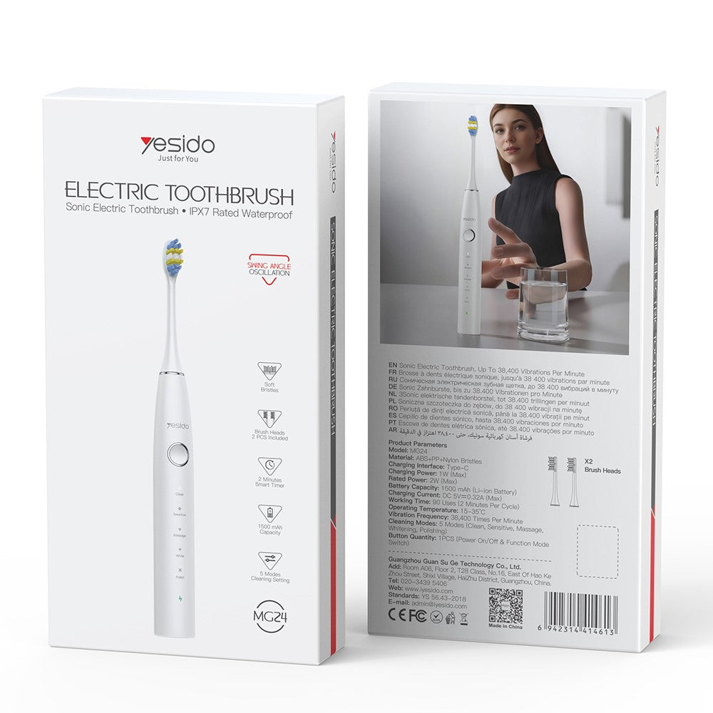 MG24 IPX7 Waterproof Sonic Electric Toothbrush 38400 VPM Long Battery Ergonomic Handle - White