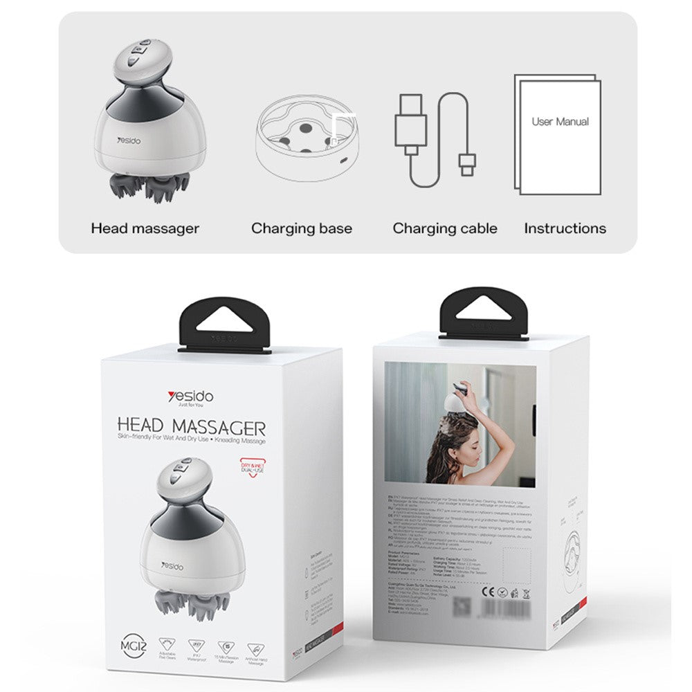 MG12 IPX7 Waterproof Low Noise Head Massager with Detachable Charging Dock