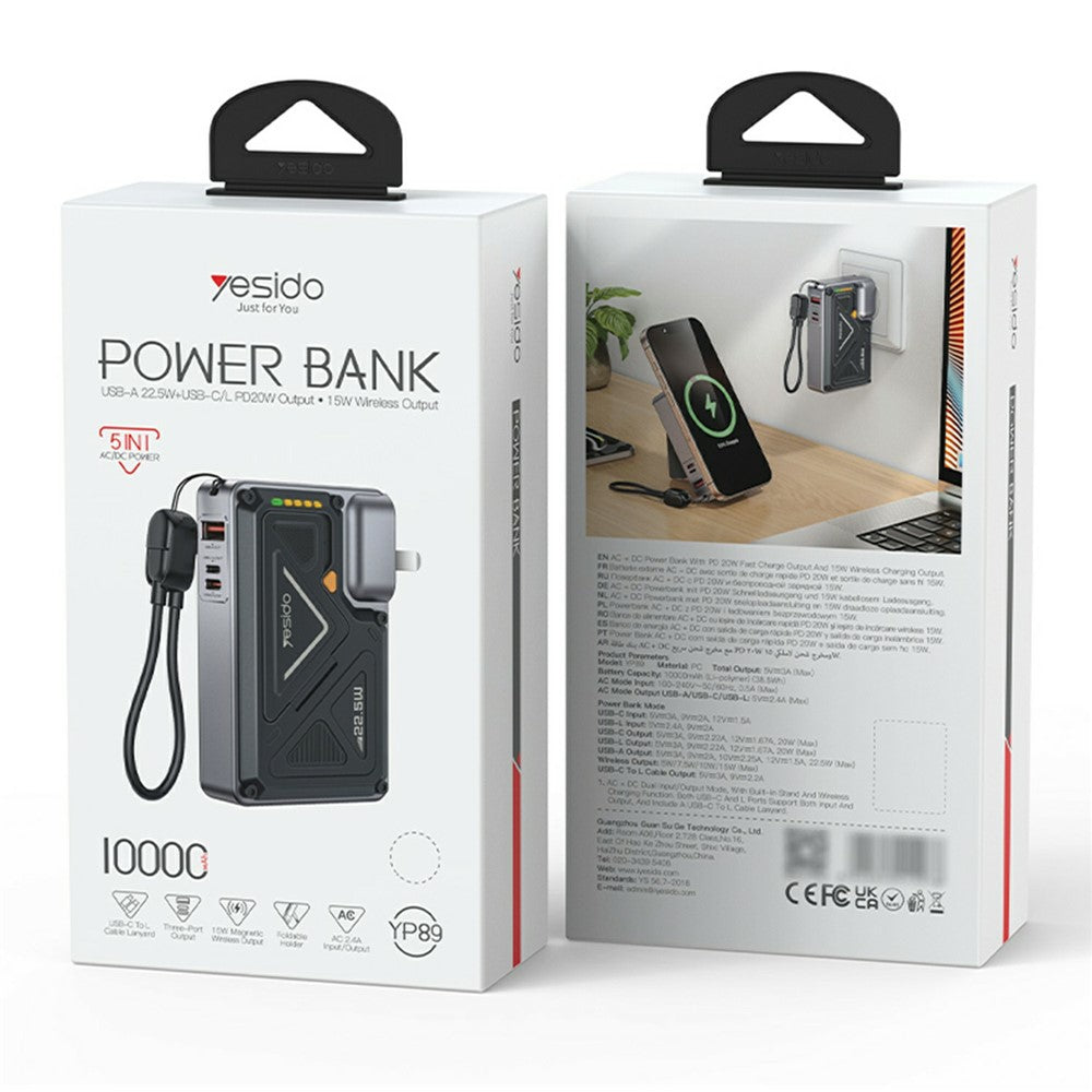 YP89 AC + DC Wireless Charging 10000mAh Power Bank with Stand iP / USB / Type C Multi Port 22.5W Fast Charger
