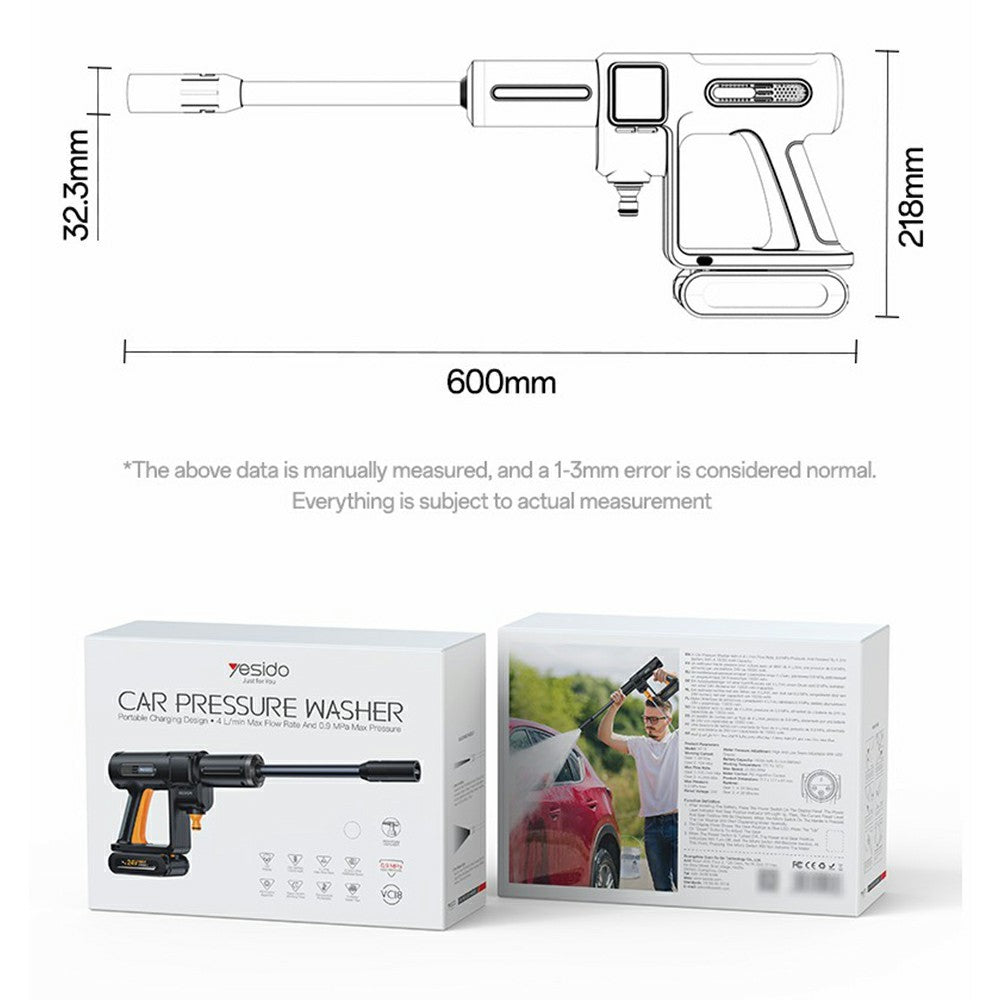 YESIDO VC18 High Pressure Washer Gun 2 Gears Adjustable Cordless Car Cleaner with LED Display