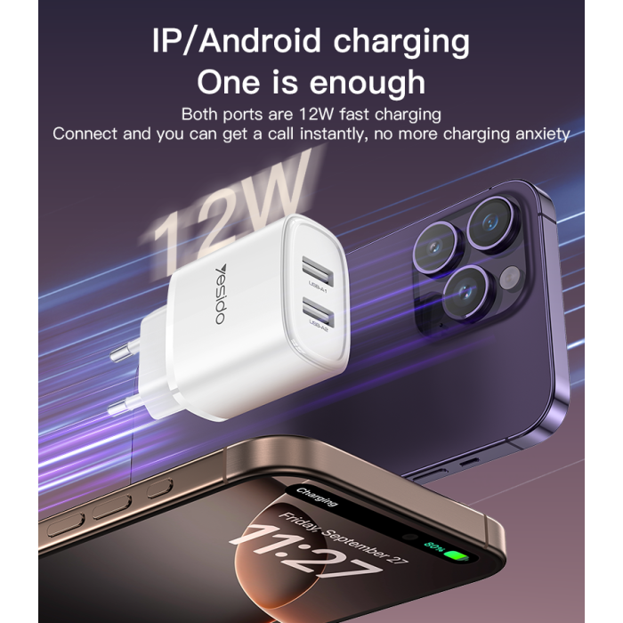 YC72 12W 2*USB-A Dual-port Fast Charging Small And Portable Safety Protection EU Plug Travel Charger
