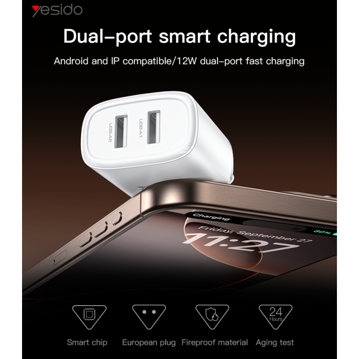YC72 12W 2*USB-A Dual-port Fast Charging Small And Portable Safety Protection EU Plug Travel Charger