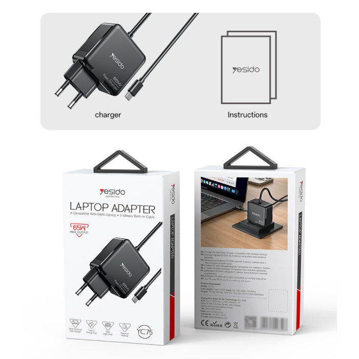 YC75 2M Length Cable Type-C Output 65W Fast Charger EU Standard Laptop Adapter Charger