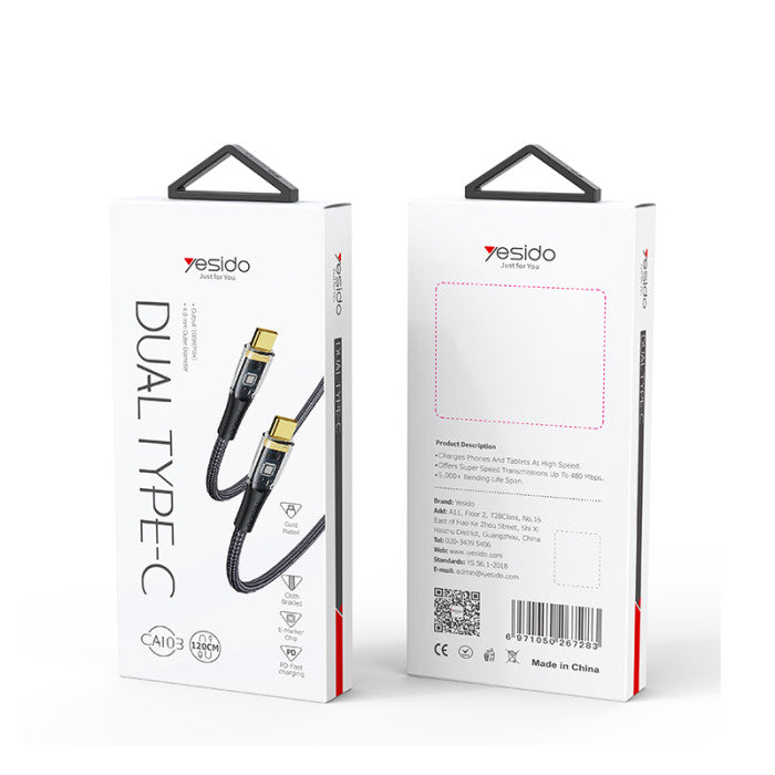 CA103 100W (20V/5A) Type-C to Type-C Nylon Braided Data Cable Fast Charging For Mobile Phone