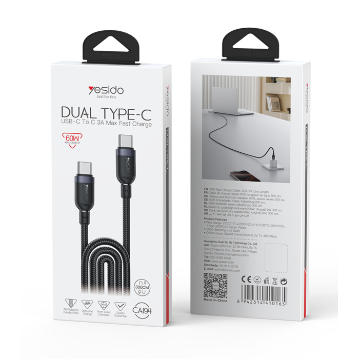 CA194 3M PD 60W Fast Charging Type-C To Type-C Max With 480Mbps Data Transfer Braided Data Cable