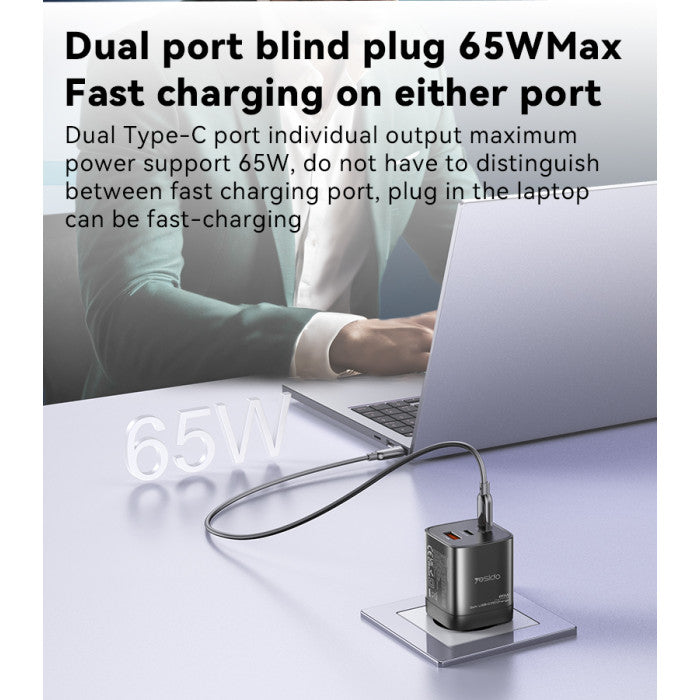 YC65 Low Temperatures 65W Fast Charging 2 USB-C & USB-A Three-port EU GaN Fast Charger