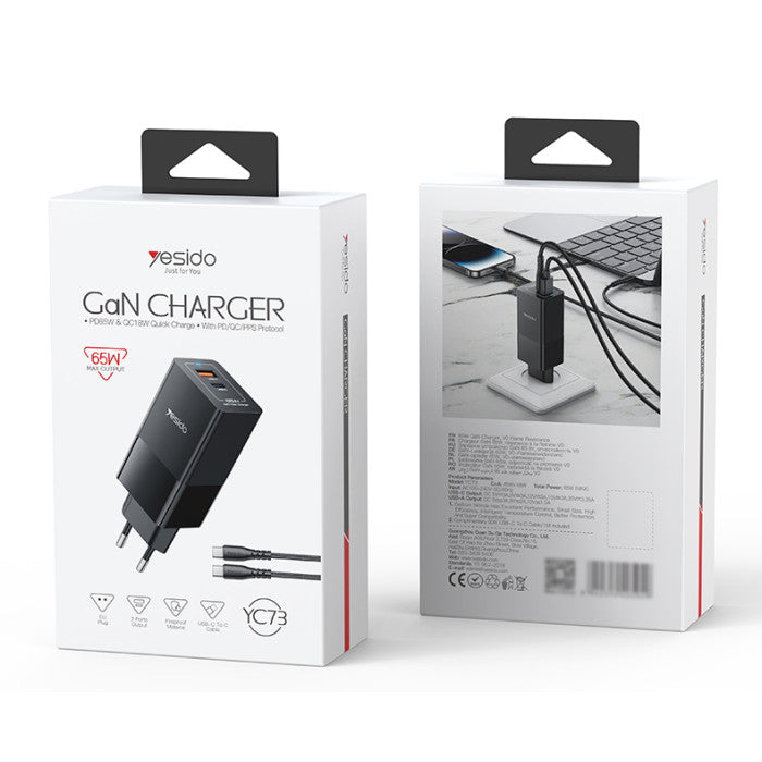 YC73 65W Fast Charging USB & Type-C Dual Ports PC Fireproof GaN European Specification Charger