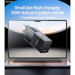 YC73 65W Fast Charging USB & Type-C Dual Ports PC Fireproof GaN European Specification Charger