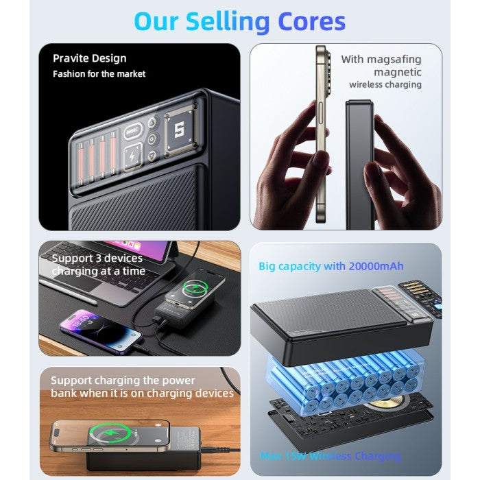 YP58 20000mAh 15W Magnetic Wireless Fast Charging Transparent Power Status Indicator Power Bank