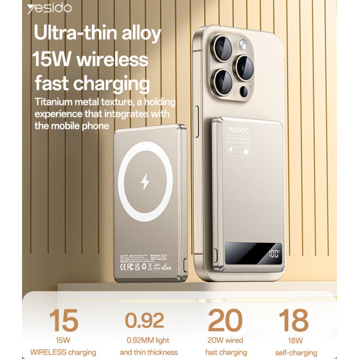 YP66 5000mAh 15W Wireless Fast Charging Digital Display Power Aluminum Alloy Magnetic Power Bank